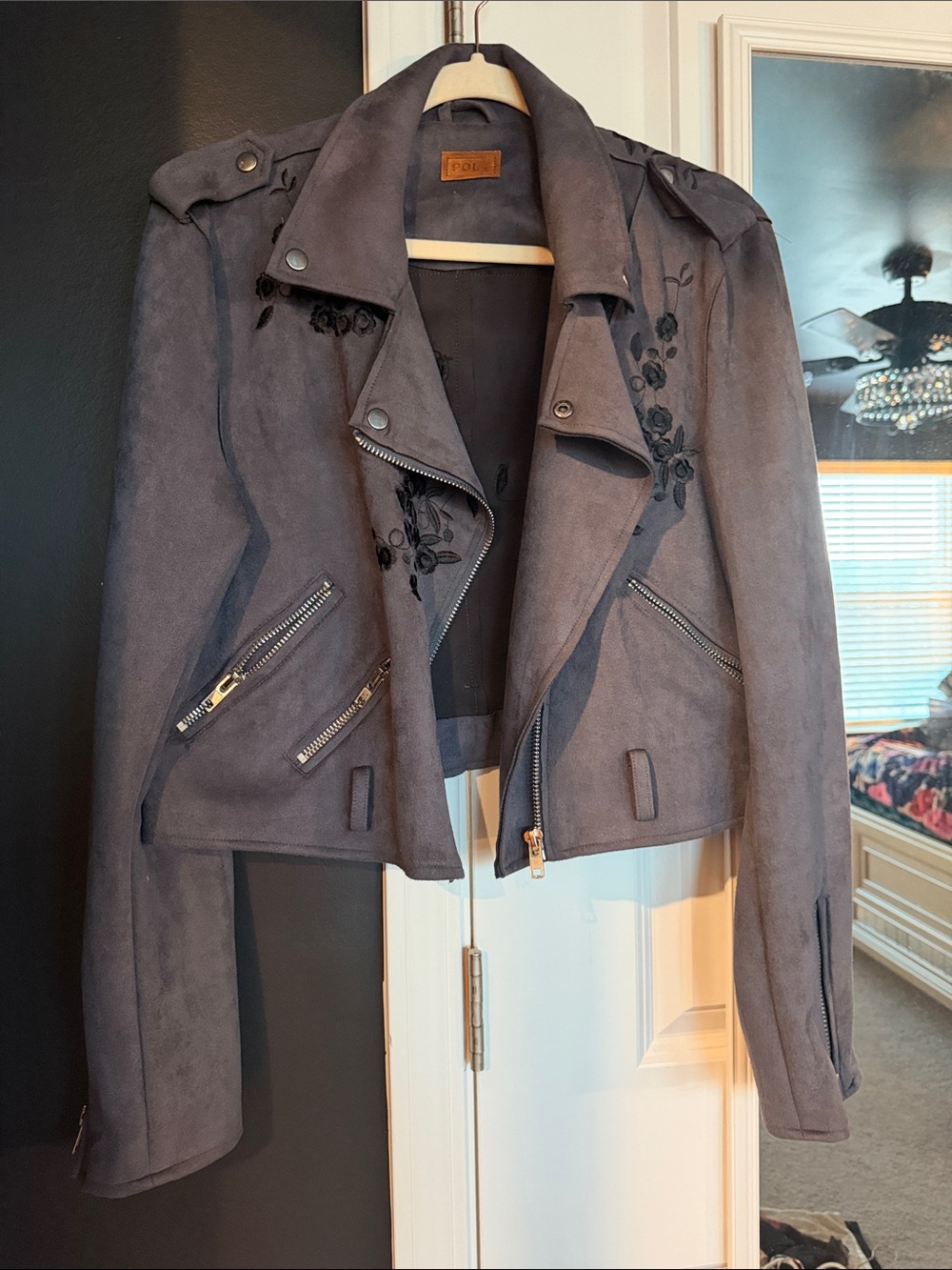 POL Gray Suede Embroidered Moto Jacket